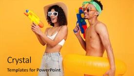  Presentation with young happy couple - Audience pleasing slides consisting of summer clothes holding water pistol backdrop and a gold colored foreground