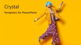  Presentation with full length portrait two men women brown sweater - Beautiful PPT theme featuring summer clothes over yellow background backdrop and a gold colored foreground