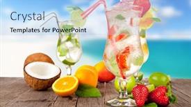  Presentation with fruit - Audience pleasing theme consisting of summer cocktails with pieces of fruit on wooden table blur beach on background backdrop and a light blue colored foreground