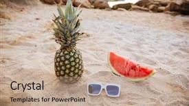  Presentation with pineapple - Amazing PPT theme having summer concept image pineapple watermelon and sunglasses at the sandy beach backdrop and a coral colored foreground