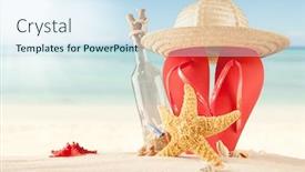  Presentation with shells - PPT layouts with summer concept of sandy beach bottle with message shells and starfish background and a sky blue colored foreground