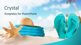  Presentation with shells - PPT layouts consisting of summer concept with sandy beach background and a sky blue colored foreground