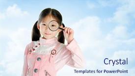  Presentation with little asian girl receiving vaccination - Audience pleasing slide set consisting of camera through a magnifying glass backdrop and a sky blue colored foreground