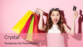  Presentation with happy image - Colorful PPT theme enhanced with summer dress holding credit card backdrop and a coral colored foreground