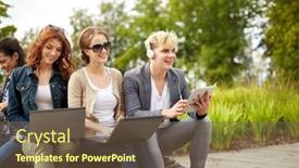  Presentation with technology students - Beautiful PPT layouts featuring summer education technology and people concept - group of students or teenagers with laptop computers sitting on bench outdoors backdrop and a tawny brown colored foreground