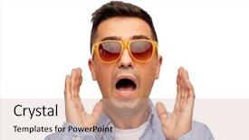  Presentation with emotions - PPT layouts enhanced with summer emotions style and people concept - face of scared middle aged latin man in shirt and sunglasses background and a soft green colored foreground