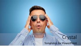  Presentation with emotions - Beautiful theme featuring summer emotions style and people concept - face of scared or surprised middle aged latin man in shirt and sunglasses over blue background backdrop and a light blue colored foreground