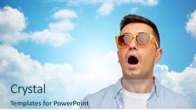  Presentation with emotions - Colorful theme enhanced with summer emotions style and people concept - face of scared or surprised middle aged latin man in shirt and sunglasses over blue sky and clouds background backdrop and a sky blue colored foreground