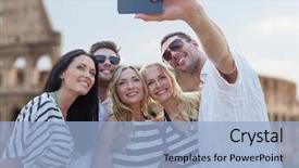  Presentation with tourism selfie - PPT layouts consisting of summer europe tourism technology and people concept - group of smiling friends taking selfie with smartphone over coliseum background background and a light blue colored foreground