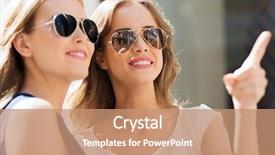  Presentation with fashion accessories - Presentation theme with summer fashion accessories and people concept - happy women in sunglasses pointing finger in city background and a coral colored foreground