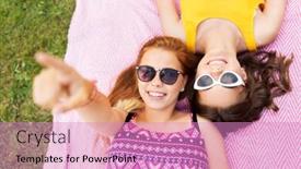  Presentation with picnic - Theme with summer fashion eyewear and leisure concept - smiling teenage girls in sunglasses lying on picnic blanket background and a coral colored foreground