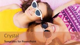  Presentation with picnic - Beautiful slides featuring summer fashion eyewear and people concept - smiling teenage girls in sunglasses lying on picnic blanket backdrop and a coral colored foreground