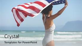  Presentation with american flag waving - Audience pleasing presentation theme consisting of summer flags - side view of mixed-race woman backdrop and a light blue colored foreground