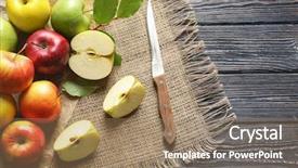  Presentation with barn wood autumn apples - PPT theme consisting of summer fruits - ripe juicy apples on wooden background and a coral colored foreground