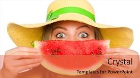  Presentation with eating - PPT theme enhanced with summer fruits - woman eating watermelon isolated background and a red colored foreground