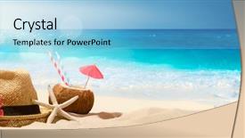  Presentation with accessories - Presentation theme with beach accessories on sand beach background and a light blue colored foreground