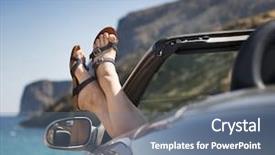  Presentation with car - Beautiful PPT layouts featuring transportation drivers ids - female legs dangling backdrop and a ocean colored foreground