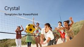  Presentation with beach volleyball - Colorful PPT layouts enhanced with summer activities - group of teenage friends playing backdrop and a light blue colored foreground