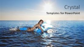  Presentation with dolphin - Slides with summer fun holiday woman on summer landscape with dolphin girl with tanned body swims in the sea water under the sun and blue sky background and a light blue colored foreground