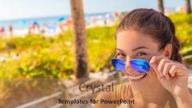  Presentation with florida beach - Amazing PPT theme having summer fun smiling asian young woman wearing fashion blue aviator mirrored sunglasses lowering them for looking at camera model posing at beach florida usa travel vacation girl relaxing in sun backdrop and a coral colored foreground