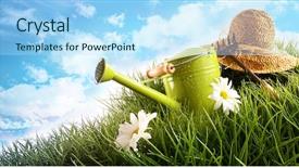  Presentation with straw - PPT theme with summer garden - water can and straw hat background and a light blue colored foreground
