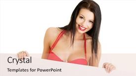  Presentation with summer - PPT theme with summer girl in bikini holding blank board isolated on white background and a coral colored foreground