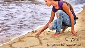  Presentation with sand heart - Cool new slide set with summer-girl-sea-teenager-draw backdrop and a coral colored foreground