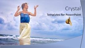  Presentation with ocean waves - Cool new theme with summer girl sea woman wearing sundress on coast near ocean with waves wind blew his hat backdrop and a light blue colored foreground