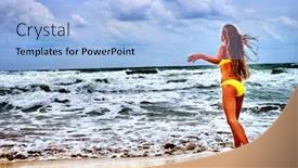  Presentation with ocean waves - Slide set enhanced with summer girl sea woman in yellow swimsuit on beach near ocean with waves on uninhabited island background and a light blue colored foreground