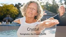  Presentation with gymnastics - Colorful slide deck enhanced with summer gymnastics - old woman doing yoga exercise backdrop and a soft green colored foreground