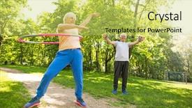  Presentation with bbq park - Audience pleasing theme consisting of summer gymnastics - senior couple exercising in park backdrop and a yellow colored foreground