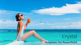  Presentation with healthy eating - Colorful presentation design enhanced with summer-healthy-eating-woman-drinking backdrop and a cyan colored foreground