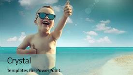  Presentation with child drinking water from glass - Cool new theme with summer heat - child in sunglasses fun near backdrop and a  colored foreground