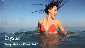  Presentation with spinning - Colorful slides enhanced with summer heat - young beautiful woman wearing red backdrop and a ocean colored foreground