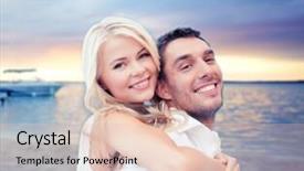  Presentation with dating - Cool new PPT theme with summer holiday vacation dating travel and tourism concept - happy couple having fun and hugging over sunset beach background backdrop and a lemonade colored foreground