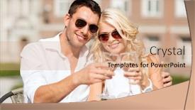  Presentation with dating - Theme featuring summer holidays and dating concept - couple drinking wine in cafe in the city background and a coral colored foreground