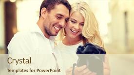  Presentation with dating - Audience pleasing presentation design consisting of summer holidays and dating concept - smiling couple with photo camera in the city backdrop and a cream colored foreground