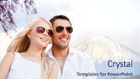  Presentation with dating - Slide deck with summer holidays and dating concept - couple in shades over fuji mountain background background and a sky blue colored foreground