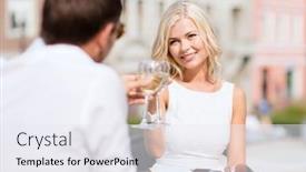  Presentation with dating - Cool new PPT layouts with summer holidays and dating concept - woman drinking wine with man in cafe in the city backdrop and a sky blue colored foreground