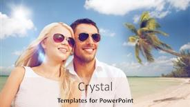  Presentation with dating - Slide deck with summer holidays and dating concept - happy couple in sunglasses at maldives beach background and a lemonade colored foreground