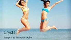  Presentation with holidays - Slide set having summer holidays and vacation concept - beautiful girls in bikini jumping on the beach background and a light blue colored foreground