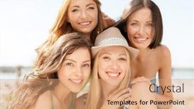  Presentation with holidays - Cool new slide set with summer holidays and vacation concept - group of smiling girls in cafe on the beach backdrop and a coral colored foreground