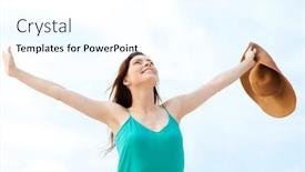  Presentation with holidays - Presentation theme consisting of summer holidays and vacation concept - girl with hands up on the beach background and a cool aqua colored foreground