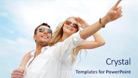  Presentation with summer celebration - Audience pleasing slide set consisting of summer holidays celebration and dating concept - couple at seaside backdrop and a sky blue colored foreground