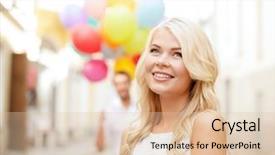  Presentation with summer celebration - Cool new PPT theme with summer holidays celebration and relationships concept - woman and man with colorful balloons in the city backdrop and a lemonade colored foreground