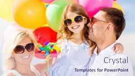  Presentation with summer celebration - Slide set enhanced with summer holidays celebration children and people concept - family with colorful balloons background and a sky blue colored foreground