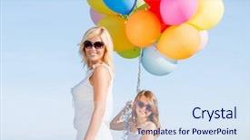  Presentation with summer celebration - Amazing theme having summer holidays celebration family children and people concept - mother and child with colorful balloons backdrop and a sky blue colored foreground
