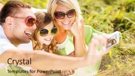  Presentation with happy holidays - Presentation theme consisting of summer holidays children and people concept - happy family with camera blue sky and green grass taking picture background and a coral colored foreground