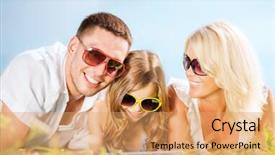  Presentation with family children - Slide set with summer holidays children and people concept - happy family with tablet pc blue sky and green grass background and a coral colored foreground