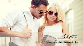  Presentation with dating - Slide set with summer holidays dating and tourism concept - couple with tourist book in the city background and a lemonade colored foreground